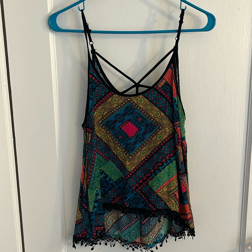 Multi colored adjustable tank tribal like pattern with small black knit material